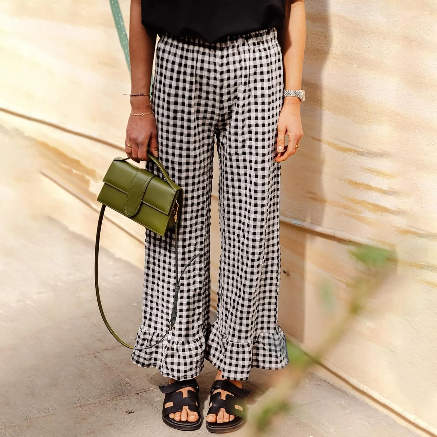 Women Summer Plaid Pants Y2K Casual Drawstring High Waist Straight Wide Leg Trousers Gingham Lounge Pants Streetwear