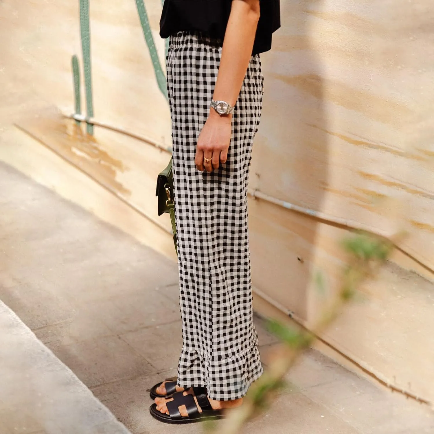Women Summer Plaid Pants Y2K Casual Drawstring High Waist Straight Wide Leg Trousers Gingham Lounge Pants Streetwear