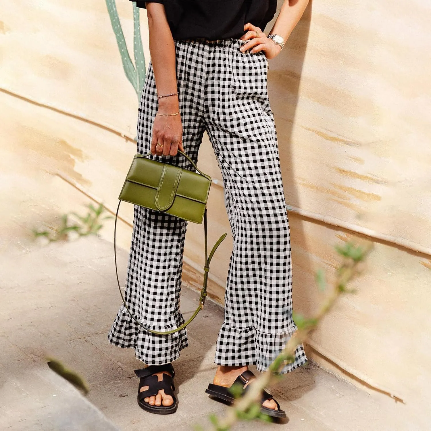 Women Summer Plaid Pants Y2K Casual Drawstring High Waist Straight Wide Leg Trousers Gingham Lounge Pants Streetwear