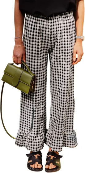 Women Summer Plaid Pants Y2K Casual Drawstring High Waist Straight Wide Leg Trousers Gingham Lounge Pants Streetwear