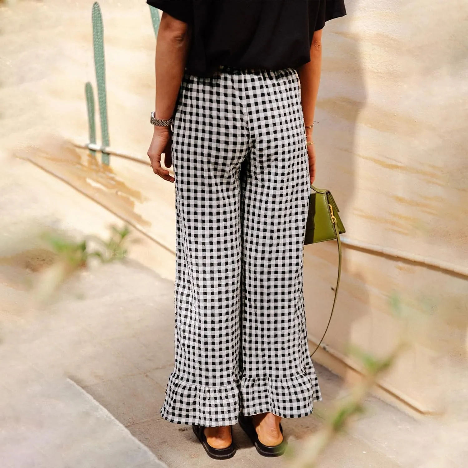 Women Summer Plaid Pants Y2K Casual Drawstring High Waist Straight Wide Leg Trousers Gingham Lounge Pants Streetwear