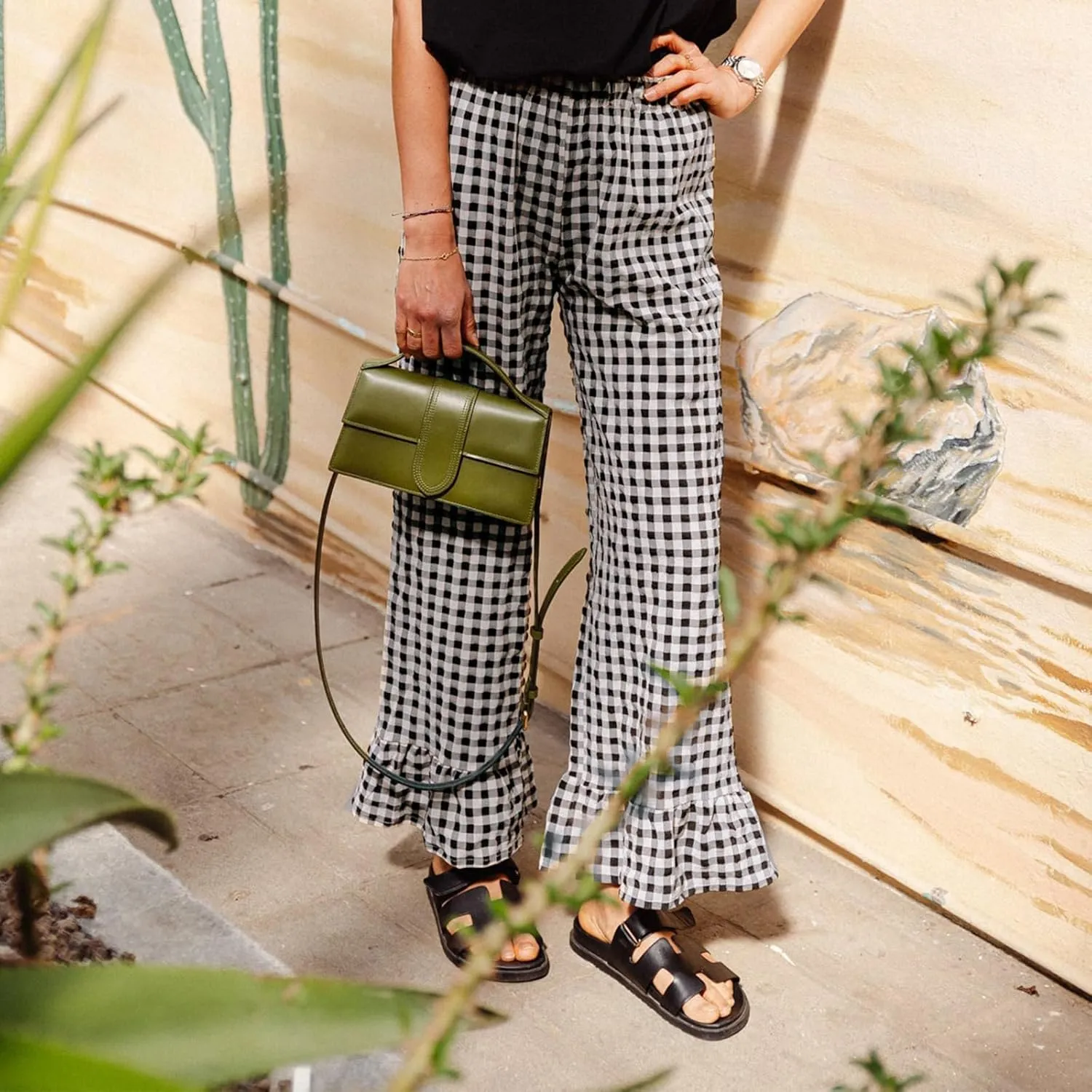 Women Summer Plaid Pants Y2K Casual Drawstring High Waist Straight Wide Leg Trousers Gingham Lounge Pants Streetwear