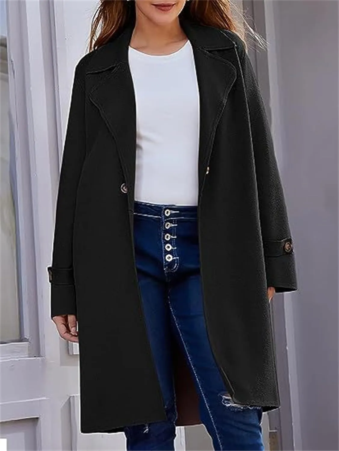 Women's Basic Essential Single Breasted Mid-Long Wool Blend Notched Lapel Pea Coat with Pockets