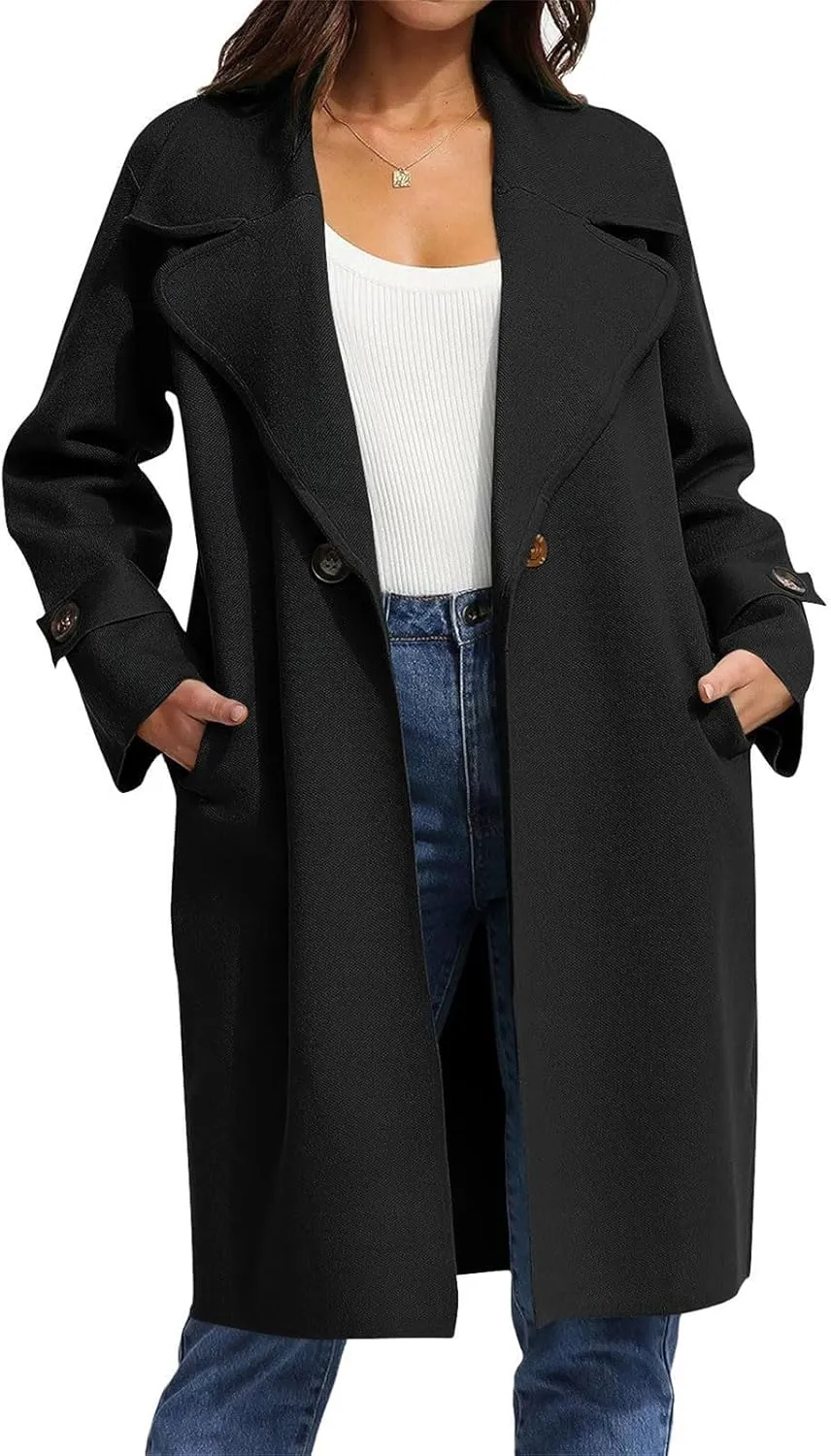 Women's Basic Essential Single Breasted Mid-Long Wool Blend Notched Lapel Pea Coat with Pockets
