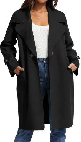 Women's Basic Essential Single Breasted Mid-Long Wool Blend Notched Lapel Pea Coat with Pockets