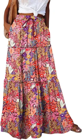 Womens Casual High Waist Tie Paisley Print Long Maxi Skirt with Pockets