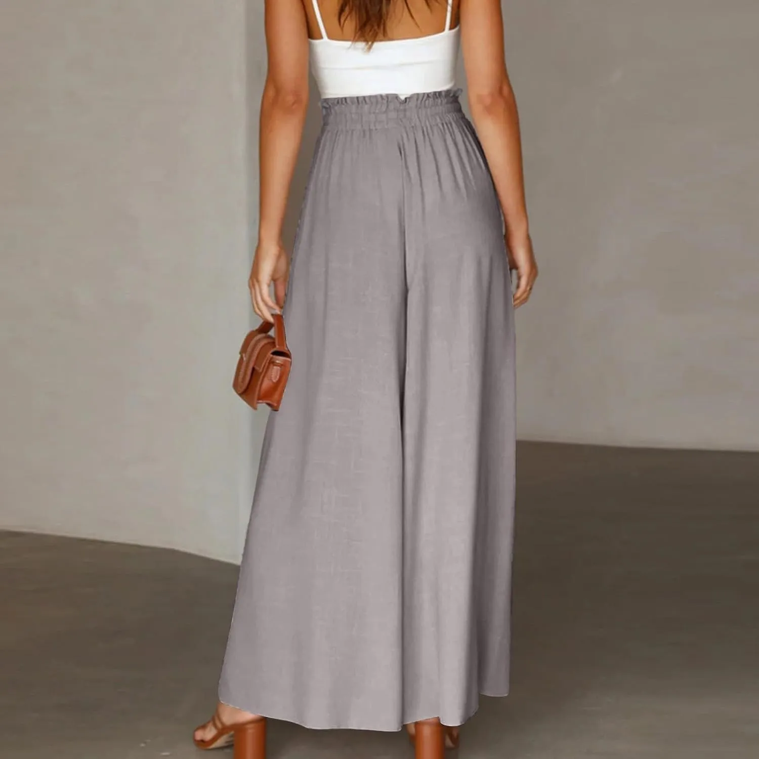 Womens Palazzo Pants Elastic Waist High Waisted Culottes Pants Loose Fit Elegant Flowy Vacation Pants with Pockets