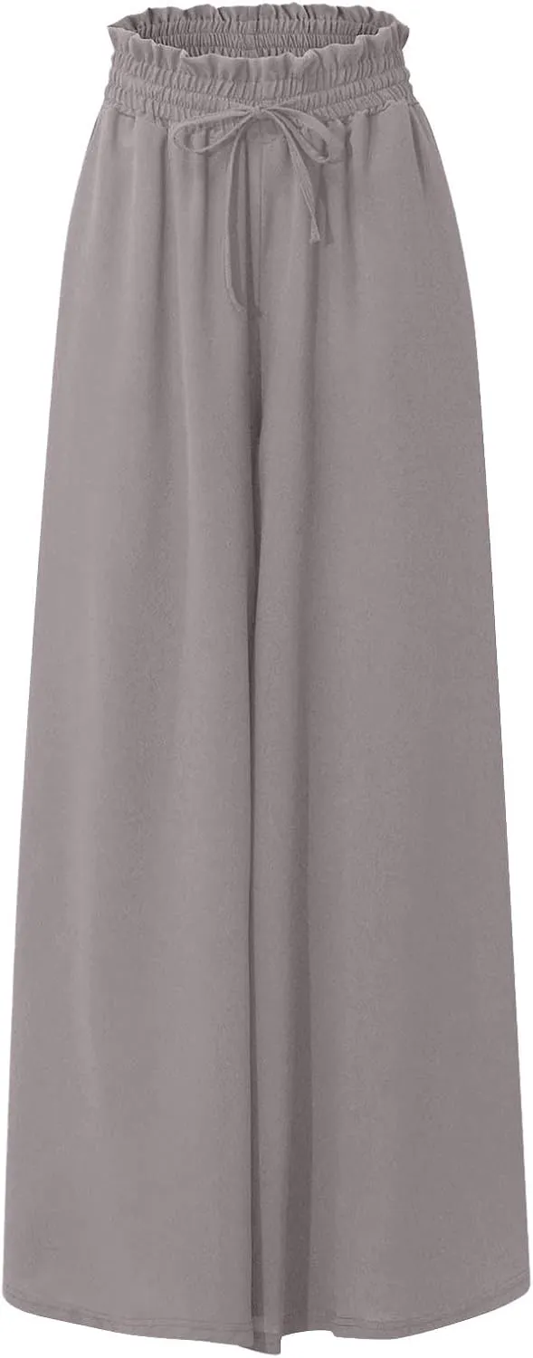 Womens Palazzo Pants Elastic Waist High Waisted Culottes Pants Loose Fit Elegant Flowy Vacation Pants with Pockets