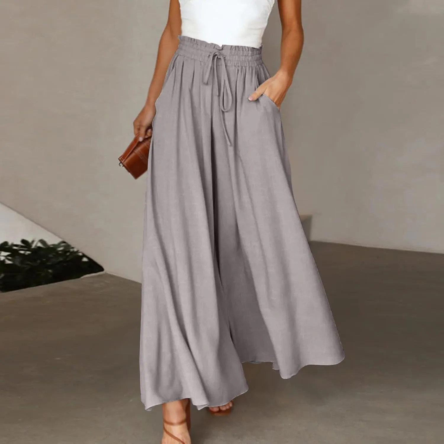 Womens Palazzo Pants Elastic Waist High Waisted Culottes Pants Loose Fit Elegant Flowy Vacation Pants with Pockets