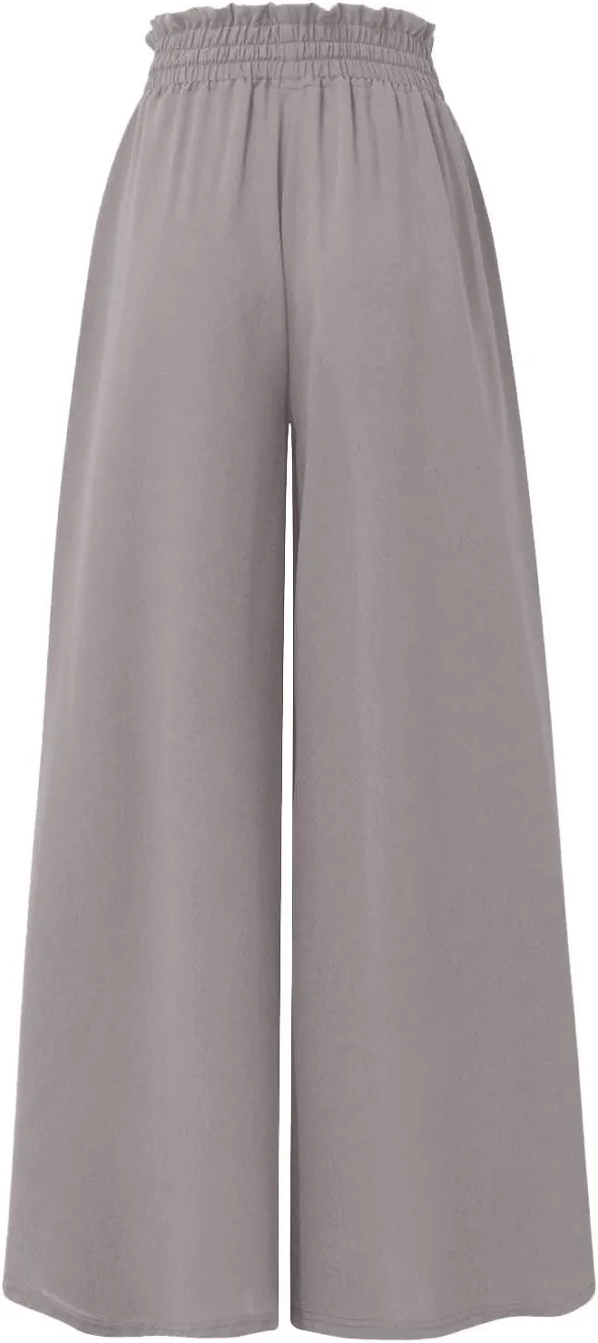 Womens Palazzo Pants Elastic Waist High Waisted Culottes Pants Loose Fit Elegant Flowy Vacation Pants with Pockets