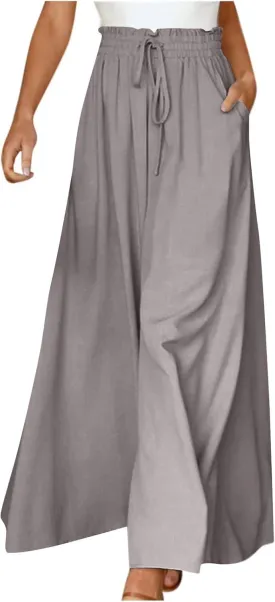 Womens Palazzo Pants Elastic Waist High Waisted Culottes Pants Loose Fit Elegant Flowy Vacation Pants with Pockets