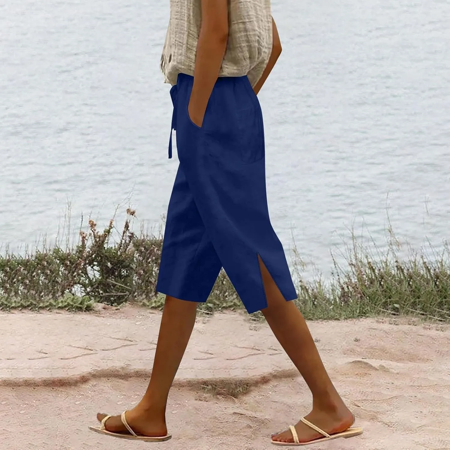 Womens Summer Bermuda Linen Shorts Knee Length Lightweight Loose Summer Casual Shorts with Pockets