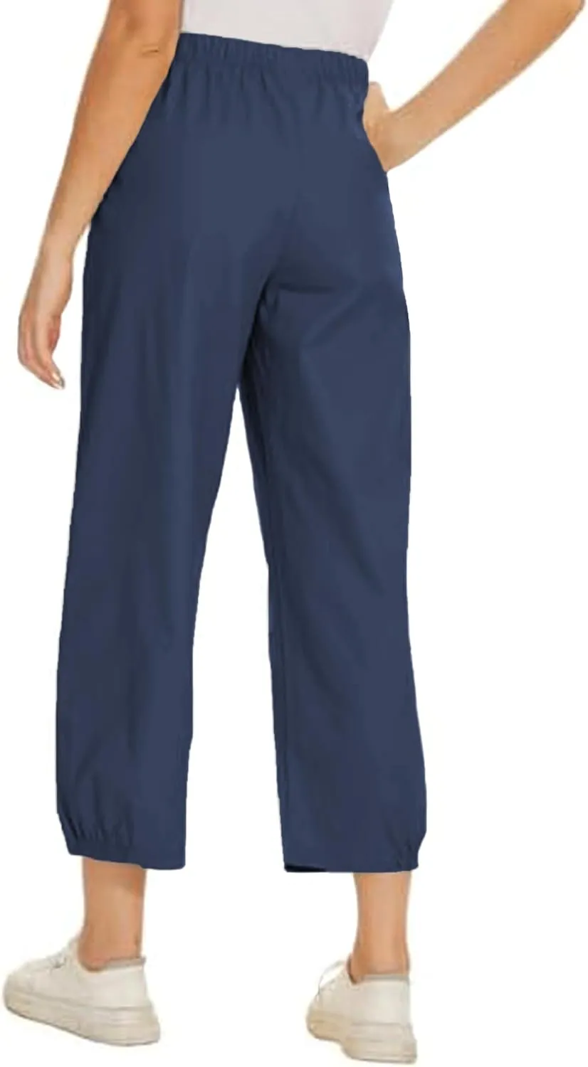 Women's Summer Capri Pants Elastic High Waist Drawstring Wide Leg Cotton Linen Work Pants with Pockets