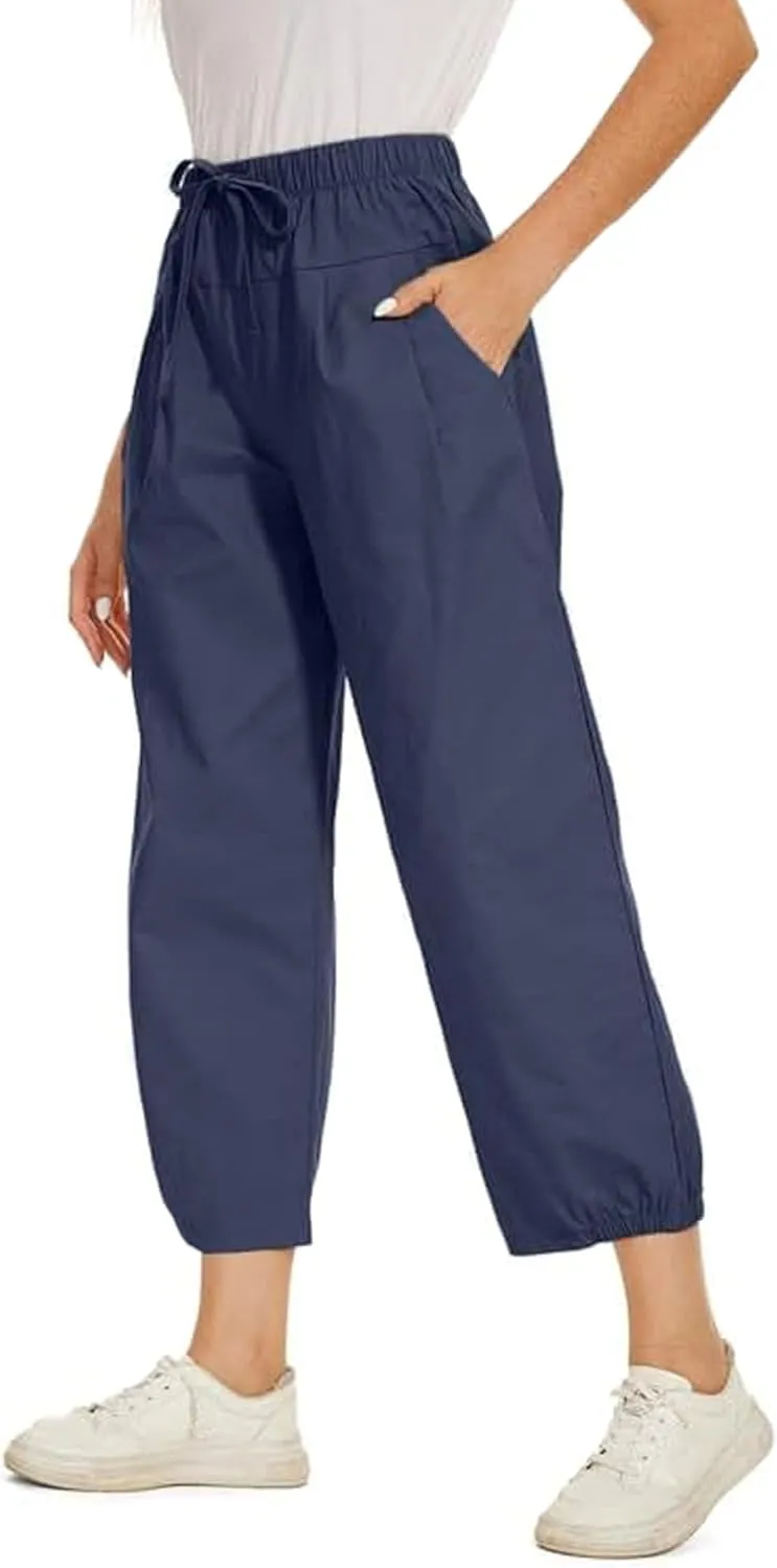 Women's Summer Capri Pants Elastic High Waist Drawstring Wide Leg Cotton Linen Work Pants with Pockets