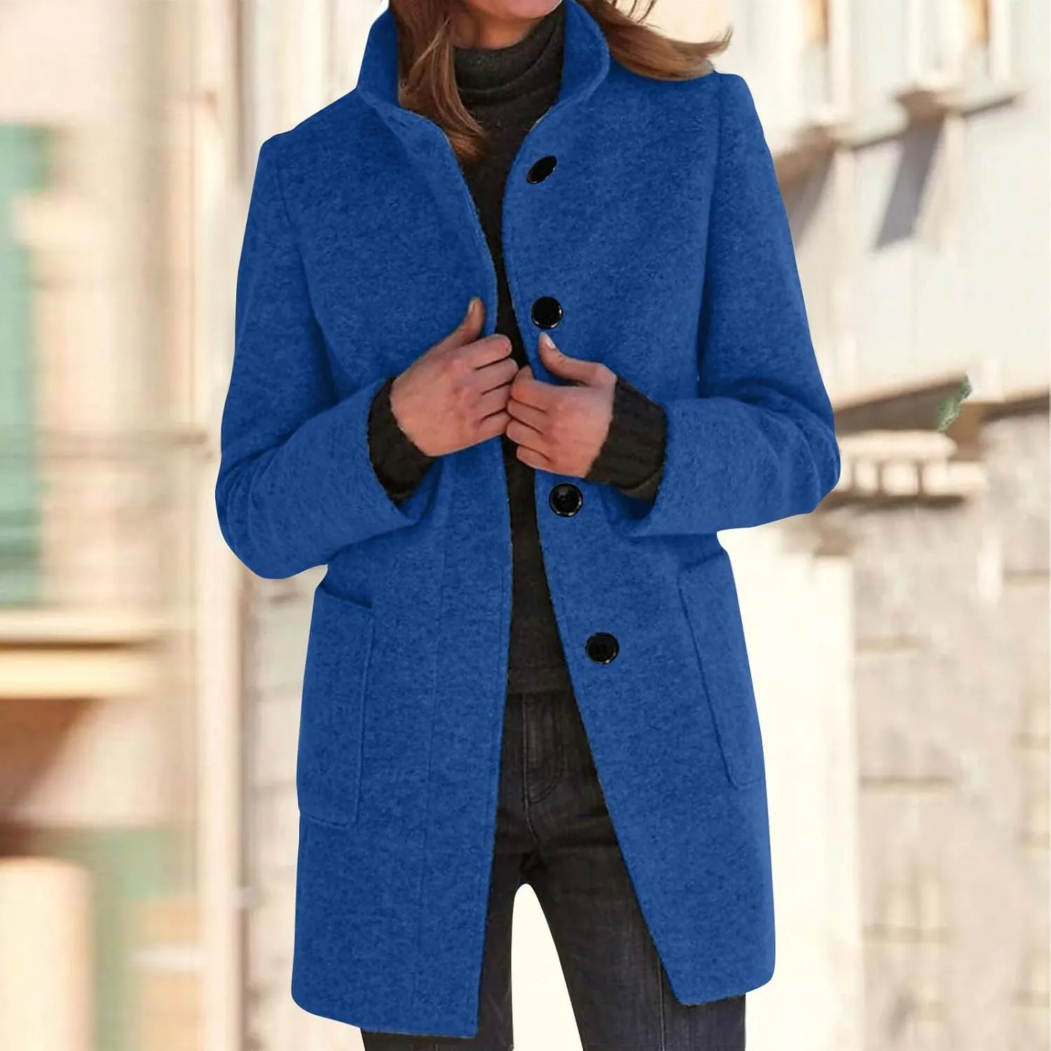 Women's Winter Single Breasted Pea Coat Casaul Fashion Mid Long Jacket Stand Collar Wool Elegant Oversized Coats