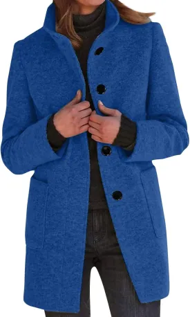 Women's Winter Single Breasted Pea Coat Casaul Fashion Mid Long Jacket Stand Collar Wool Elegant Oversized Coats