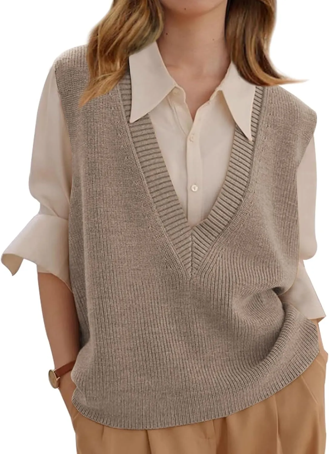 Wowcarbazole Womens Sweater Vest Casual V Neck Solid Ribbed Knit Pullover Vests Fall Sleeveless Sweaters Tops