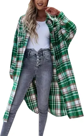 YMING Womens Button Down Plaid Jackets Oversized Boyfriend Shirt Lapel Color Block Long Shacket with Pockets