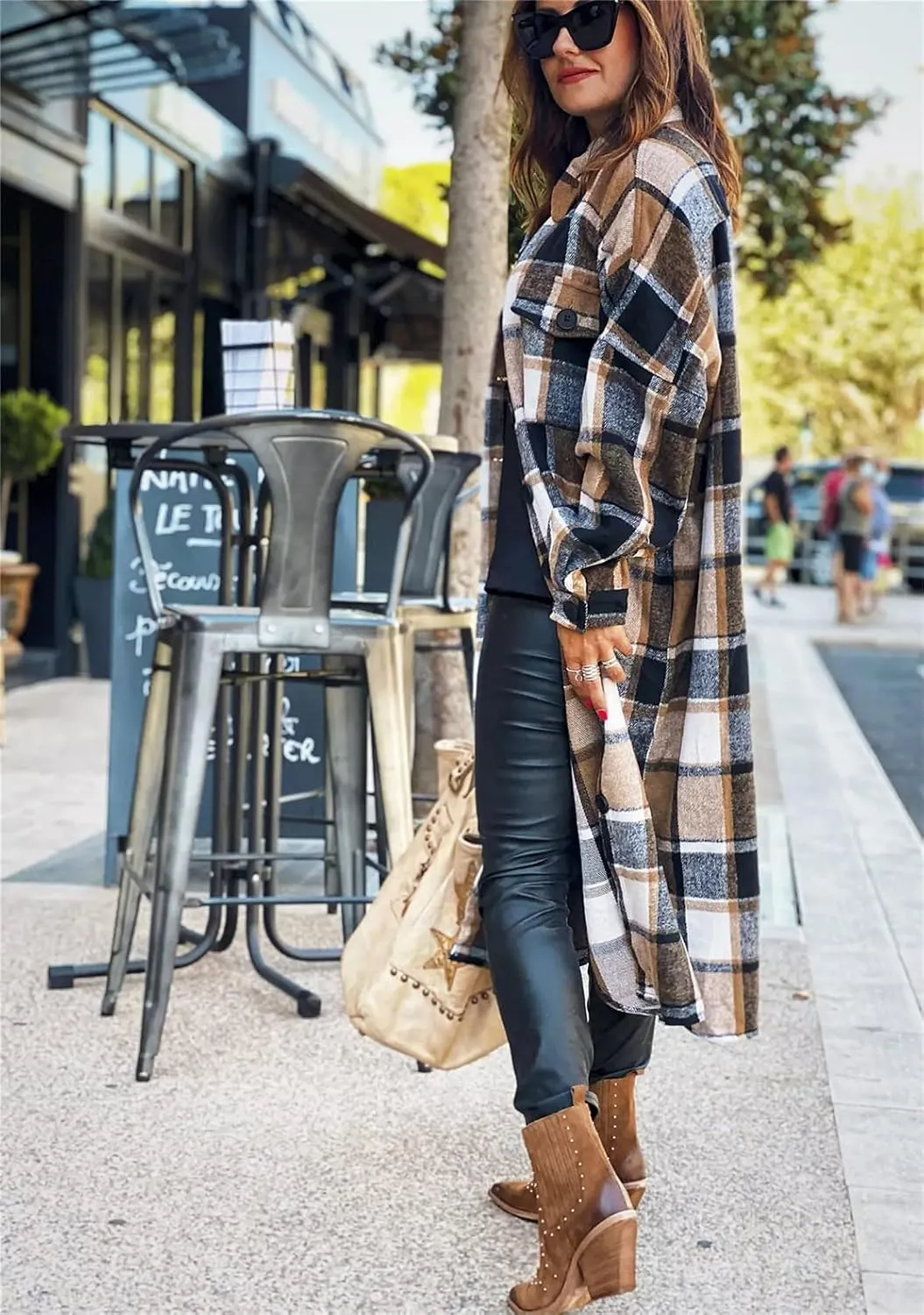 YMING Womens Button Down Plaid Jackets Oversized Boyfriend Shirt Lapel Color Block Long Shacket with Pockets