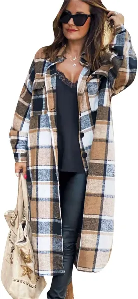 YMING Womens Button Down Plaid Jackets Oversized Boyfriend Shirt Lapel Color Block Long Shacket with Pockets
