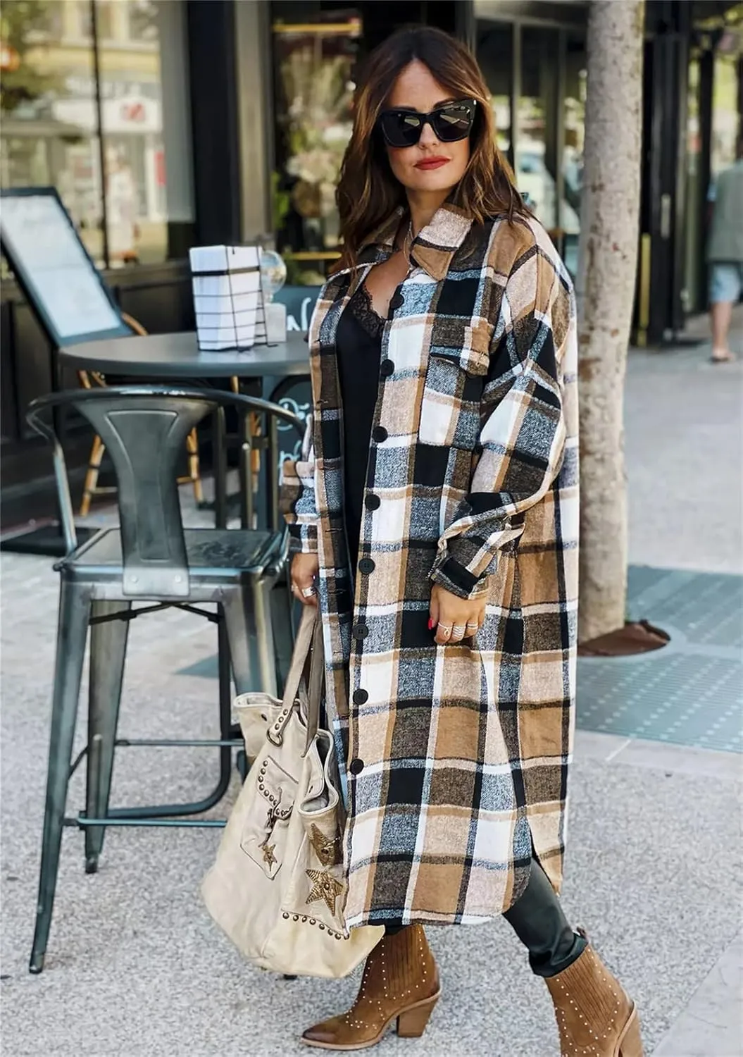 YMING Womens Button Down Plaid Jackets Oversized Boyfriend Shirt Lapel Color Block Long Shacket with Pockets