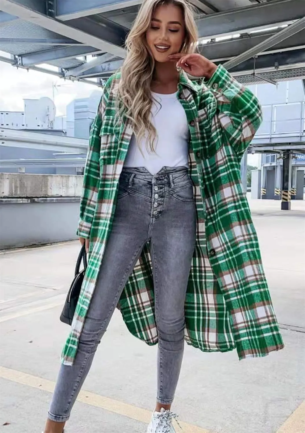 YMING Womens Button Down Plaid Jackets Oversized Boyfriend Shirt Lapel Color Block Long Shacket with Pockets