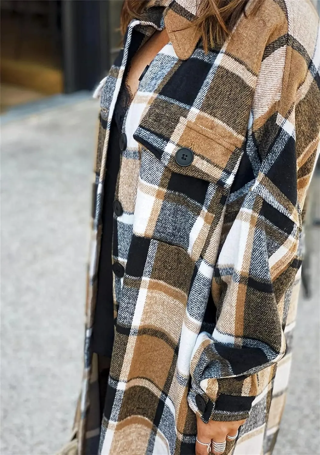 YMING Womens Button Down Plaid Jackets Oversized Boyfriend Shirt Lapel Color Block Long Shacket with Pockets