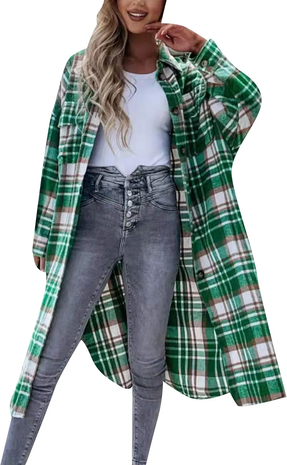 YMING Womens Button Down Plaid Jackets Oversized Boyfriend Shirt Lapel Color Block Long Shacket with Pockets