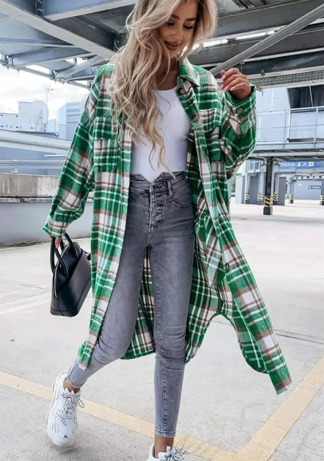 YMING Womens Button Down Plaid Jackets Oversized Boyfriend Shirt Lapel Color Block Long Shacket with Pockets