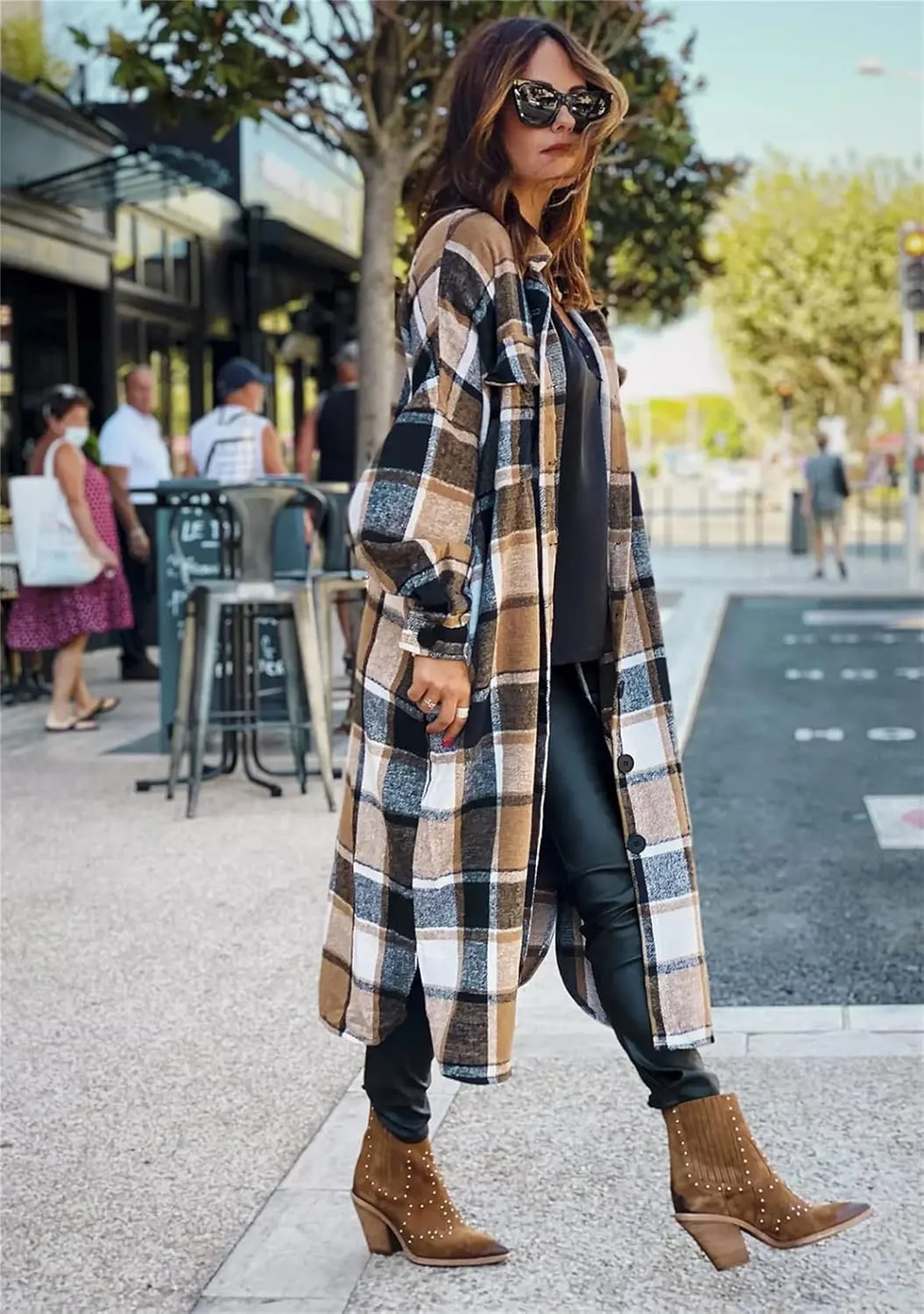 YMING Womens Button Down Plaid Jackets Oversized Boyfriend Shirt Lapel Color Block Long Shacket with Pockets